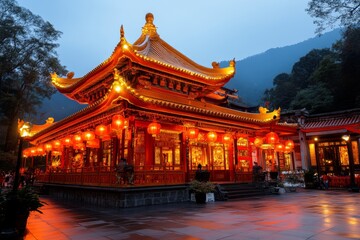 A glowing golden ubosot at night, with its intricate carvings illuminated by soft spotlights