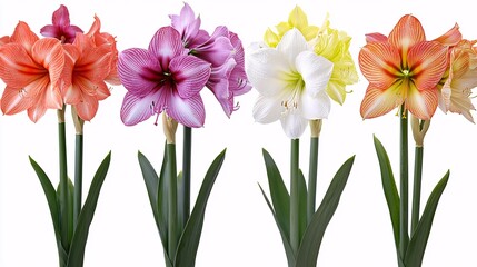 series of amaryllis flowers in a vibrant color palette, arranged in a decorative arrangement for a spring-themed wedding reception table setting. Amaryllis 