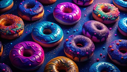 Night Watercolor Donuts: Colorful Sweet Treats in Dark Artistic Style