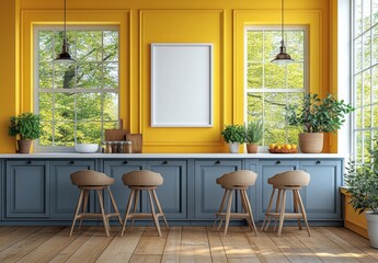 An empty white poster frame mockup on the wall of  dining room, with a window providing natural light.
