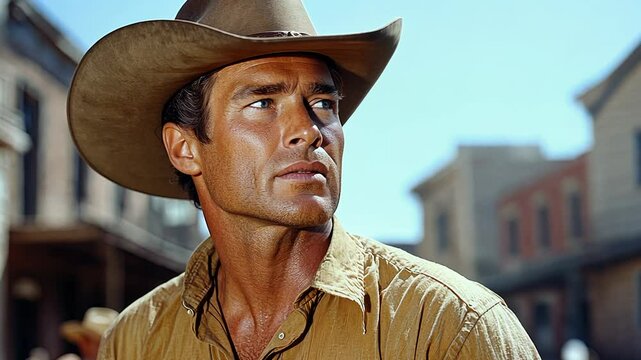 Cowboy Looking Around in Western Town Montage