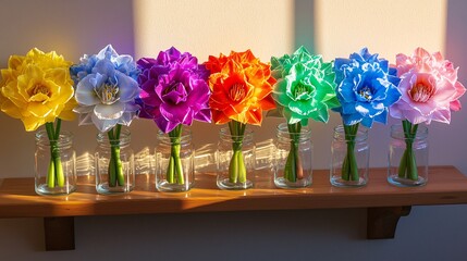 series of amaryllis flowers in a wide array of colors, placed in individual glass jars on a shelf, creating a rainbow-like effect in natural light. Amaryllis 