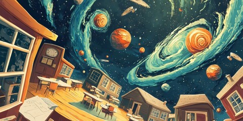 Cosmic Town Houses Underneath A Starry Galaxy