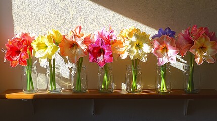 series of amaryllis flowers in a wide array of colors, placed in individual glass jars on a shelf, creating a rainbow-like effect in natural light. Amaryllis 