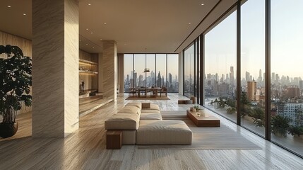 Fototapeta premium Perfect for a modern urban lifestyle, the sleek penthouse apartment in NYC showcases minimalist marble textures