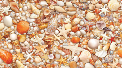 Obraz premium Seashells and Starfish Beach Treasure: A vibrant collection of seashells, starfish, and pearls create a captivating ocean-themed background. Perfect for summer designs and beach-themed projects. 