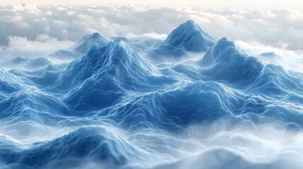 On a clean white background, a minimalist 3D wave design in soft blue tones with its smooth undulating shapes creates a serene and abstract composition