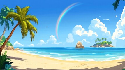 Tropical beach scene with palm trees, rainbow, and rocks.