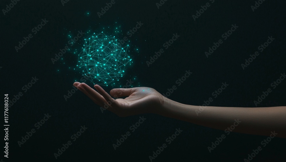 Poster a person holding a network of data links that embody technological progress and digital innovation