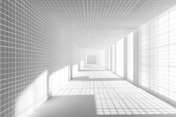 Fototapeta premium White futuristic corridor with grid patterns on walls, ceiling, and floor illuminated by bright sunlight streaming through large windows