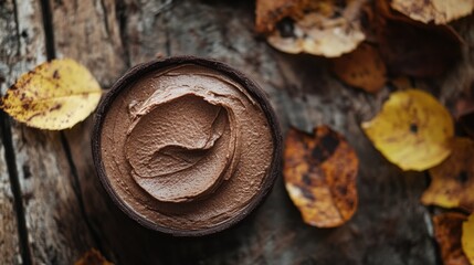 Chocolate mousse in wooden bowl surrounded by autumn leaves on rustic table