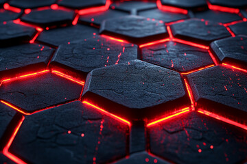 Obraz premium Dark metallic hexagonal pattern with radiant red glow creates futuristic vibe