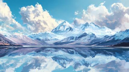 Obraz premium Majestic snowcapped mountain range reflected in a serene alpine lake with dramatic cloud formations in a steelblue sky. Snowcap. Illustration