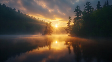 Obraz premium Serene sunrise over a tranquil lake, mist rising, sun rays through trees, peaceful morning landscape.