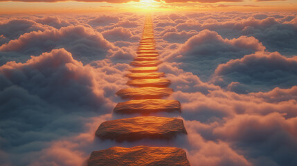 Path to Enlightenment: A golden stairway ascends through ethereal clouds towards a radiant sunset, symbolizing a journey of spiritual growth and self-discovery.  