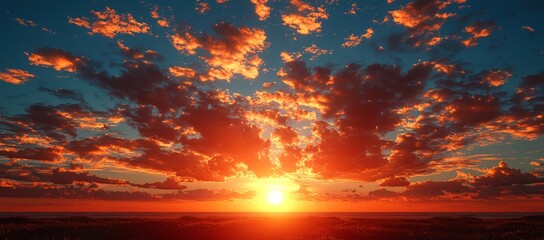 Fototapeta premium Fiery sunset over horizon with dramatic clouds.