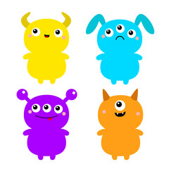 Monster set. Happy Halloween. Cartoon kawaii funny character. Colorful silhouette monsters. Cute face with teeth, horns, eyes, hands. Childish baby collection. Flat design. White background. Vector