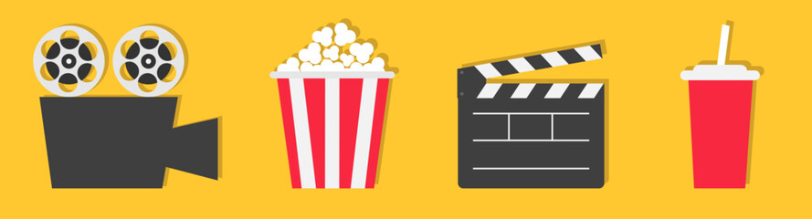 Popcorn box. Video Camera Movie reel. Open clapper board. Soda drink. Movie night Cinema icon set. Movie poster, banner, invitation template. Simple Flat design. Yellow background. Isolated. Vector