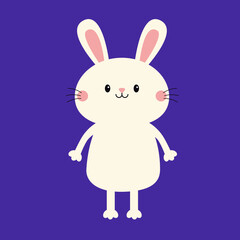 Cute white bunny rabbit hare silhouette standing. Funny smiling face head. Pink cheeks. Kawaii cartoon baby character. Happy Easter. Valentines Day. Greeting card. Blue background. Flat design. Vector
