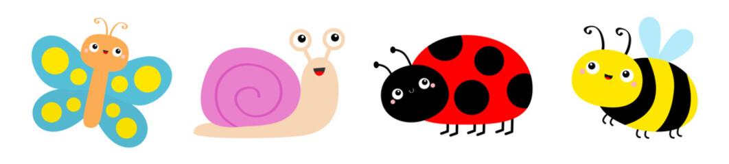 Obraz premium Insect icon set line. Flying bee bumblebee, butterfly, lady bug ladybird, beetle, snail cochlea. Cute cartoon kawaii baby character. Valentines Day. Childish style. Flat design White background Vector