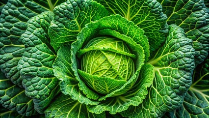 Obraz premium Organic Cabbage Head Close-Up: Top View, Selective Focus, Green Vegetable
