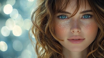 Captivating close-up of an elegant woman with striking blue eyes, framed by beautiful bokeh lights, evokes an artistic portrait of allure and beauty