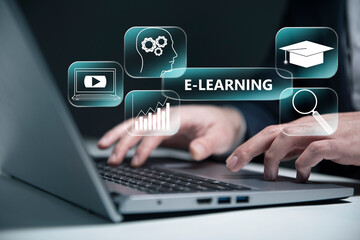 e - learning and education concept on a virtual screen.
