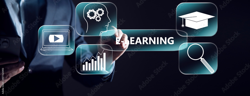 Poster e - learning concept. man using smartphone
