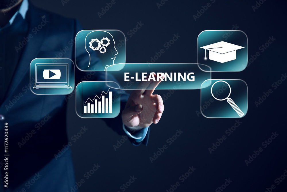 Poster e - learning concept. man using smartphone