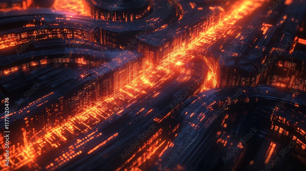 Poster vibrant abstract representation of digital data flow with glowing lines and matrix-like structure in