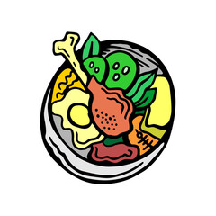 A top-view cartoon illustration of a plate filled with biologically appropriate raw food, ideal for pet diet and nutrition-related designs.
