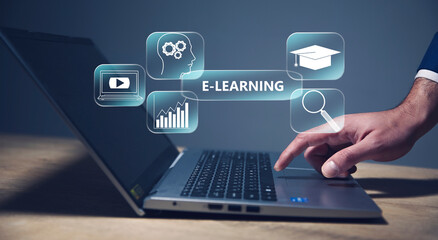 e - learning and education concept on a virtual screen.