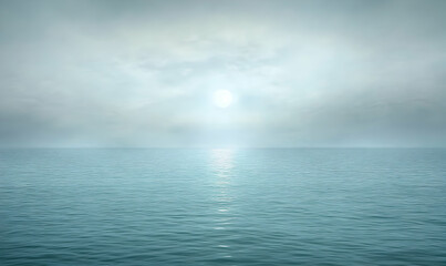 Obraz premium Serene seascape; misty ocean with a sunlit path. Perfect for tranquility, peace, calm, and travel themes.