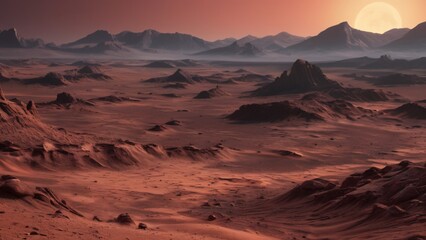 Naklejka premium Desolate Martian Landscape with Jagged Rocks, Dusty Plains, Two Moons