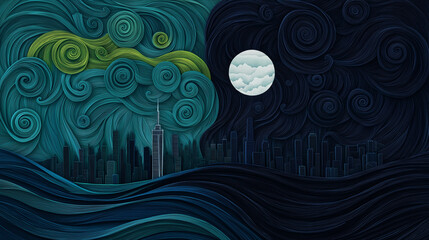 Obraz premium Night City Dreamscape: A mesmerizing paper art illustration depicting a city skyline bathed in the ethereal glow of a full moon, contrasting a vibrant, swirling sky. 
