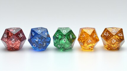 Five colorful translucent twenty-sided dice in a row on a white background.