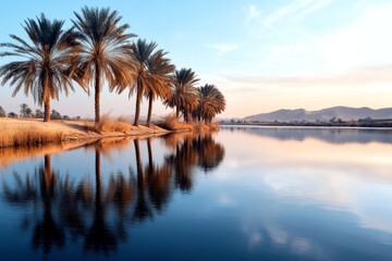 A peaceful scene of the Al Ain Oasis with its ancient irrigation systems and tall date palm trees