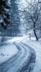 Obraz premium Snowstorm wind serenity concept. Snowy path winding through trees with a streetlamp lighting the scene.