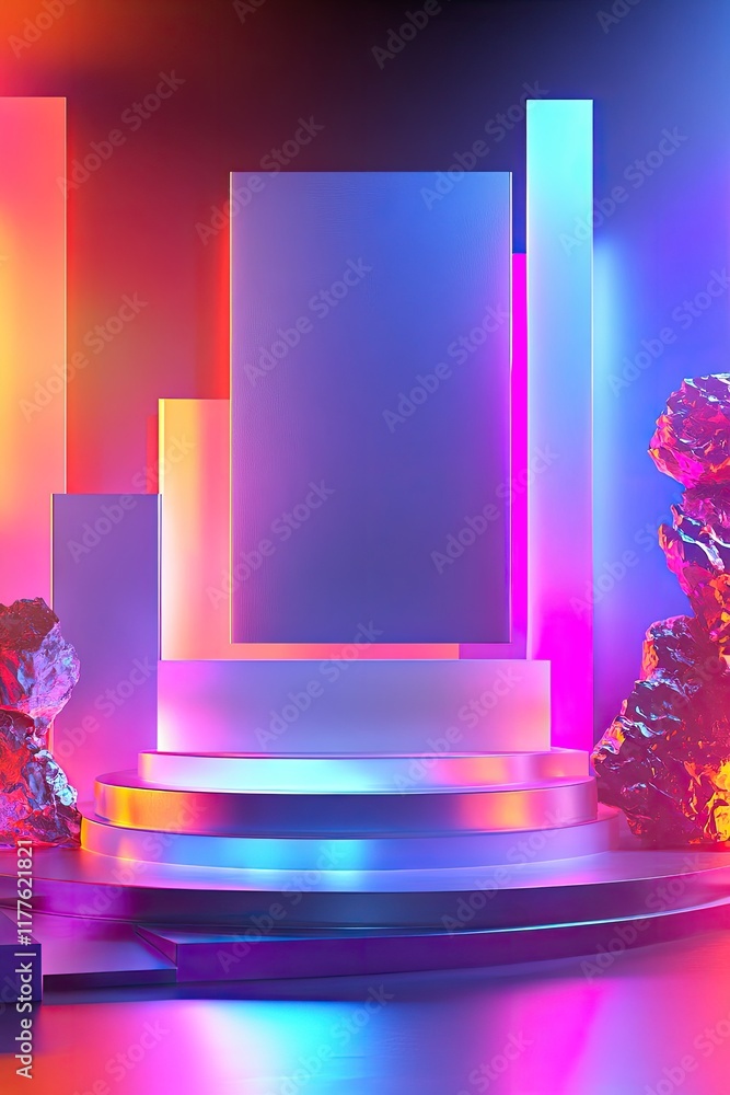 Aufkleber sleek podium in gradient colors surrounded by abstract shapes and illuminated by vibrant futuristic 