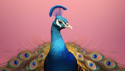 minimalist blue and rainbow peacock strutting upright on pink history