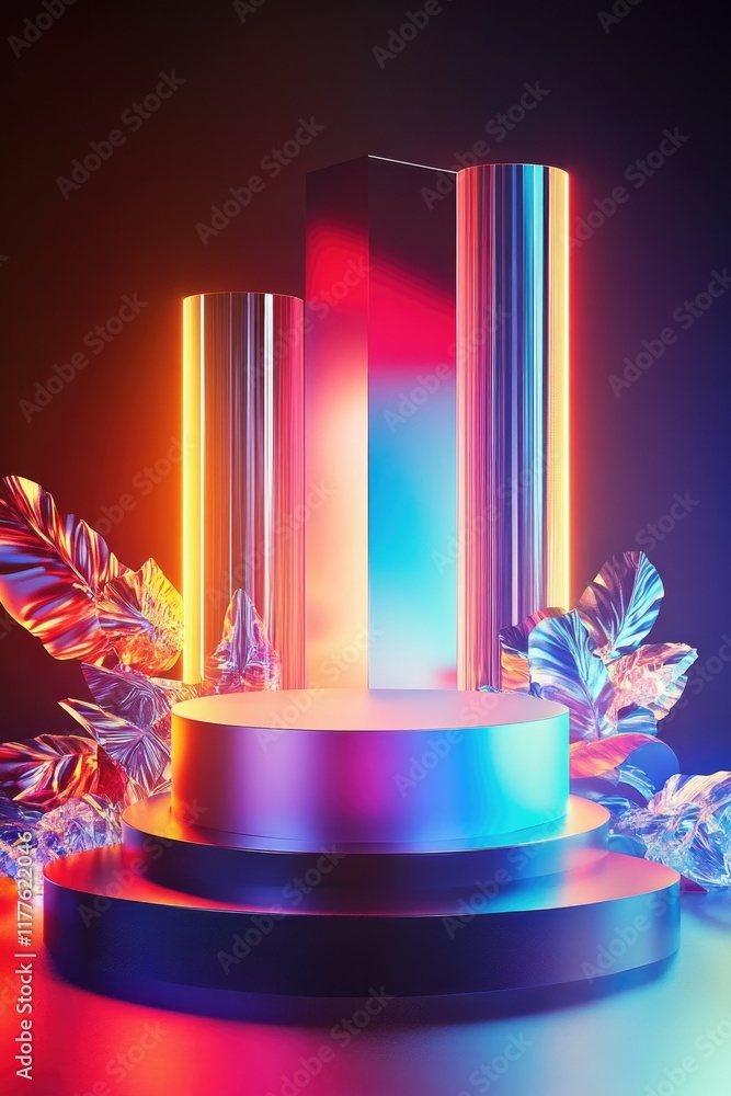 Aufkleber sleek podium in gradient colors surrounded by abstract shapes and illuminated by vibrant futuristic 