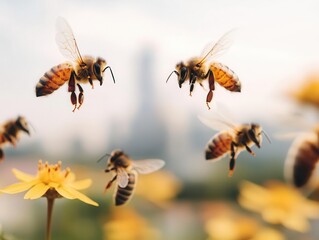 A swarm of bees over blooming flowers with an industrial skyline blurred in the background, symbolizing fragile ecosystems