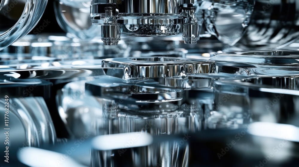 Poster shiny metallic components being pressed by an industrial machine in a factory setting, showcasing th