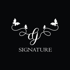 DJ Handwritten initial letter, DJ simple signature vector logo with butterfly shape variation, beauty, photography letter logo design. D J