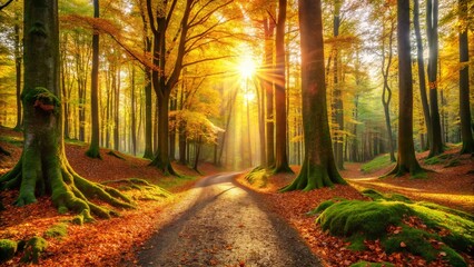 Panoramic Beech Forest Landscape - Majestic Trees & Sunlight Dappled Path
