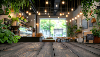 Rustic wooden table in a blurred background of a trendy cafe with hanging lights and lush greenery. Perfect for menu designs or food-related content.