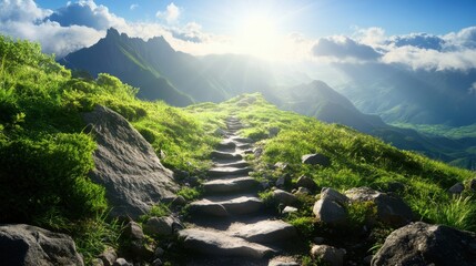 Fototapeta premium Mountaintop Path: A winding stone path leads upwards towards a breathtaking mountain peak, bathed in the warm glow of the sun. The path signifies growth, progress, and the pursuit of dreams.