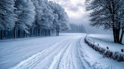 Obraz premium Snowstorm wind serenity concept. Snow-covered landscape with trees lining a winding path.