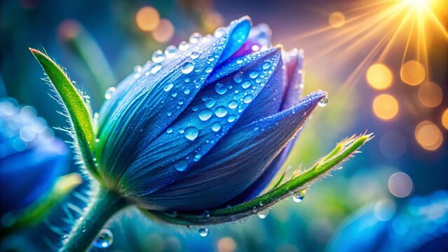 Panoramic Blue Shining Flower Bud, Vibrant Spring Blossom, Nature Macro Photography