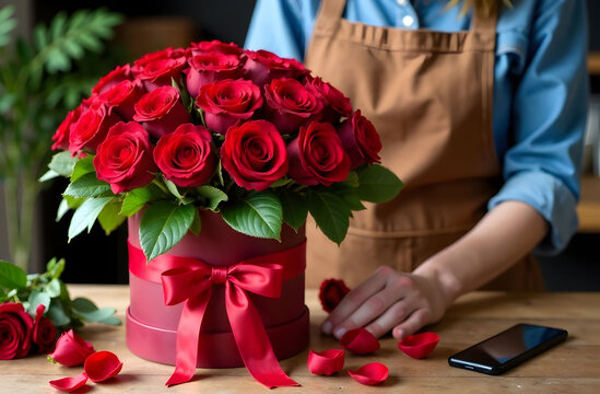 Hat box with bouquet of red roses and woman florist in flower shop
